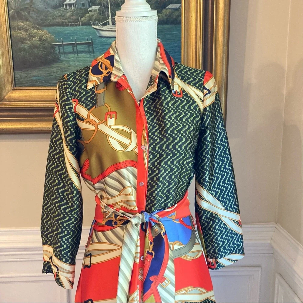 ZARA Scarf Print Midi Maxi Satin Long Sleeve Button Down Shirt Dress - Picture 3 of 14